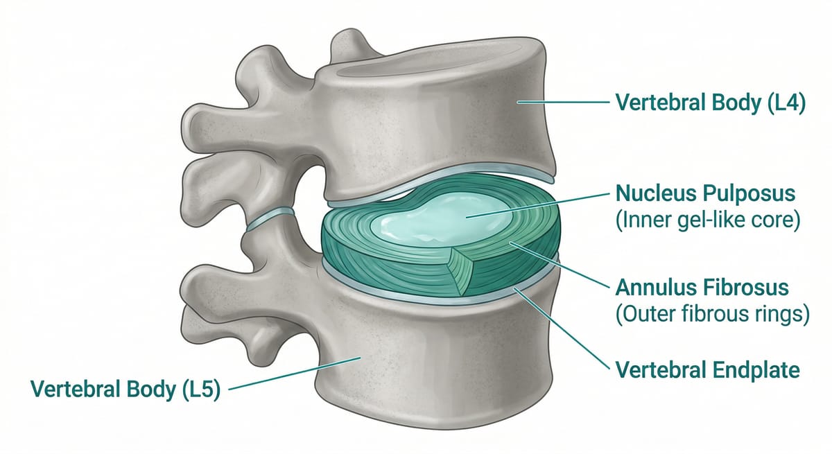 Ilustração anatômica do disco intervertebral mostrando anel fibroso e núcleo pulposo