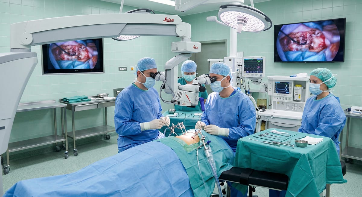 Centro cirúrgico com microscópio para microdiscectomia minimamente invasiva